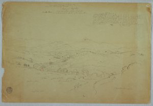 1853年8月8日、コロンビア、カウカ川、プレセ火山を含むポパヤン近郊の眺め 作： フレデリックエドウィン教会