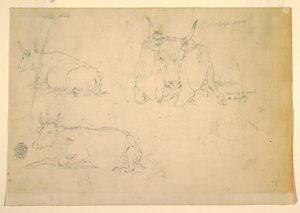 素描、しゃがむ牛の眺め、1844年9月