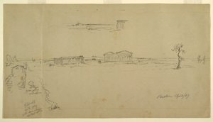 素描、バシリカとネプチューン神殿の眺め、パエストゥム、イタリア、1869年4月 作： フレデリックエドウィン教会