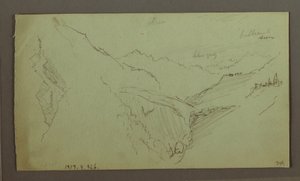素描、村と急峻な谷（アルプス）、1868-69年 作： フレデリックエドウィン教会