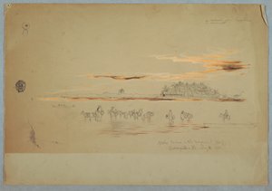 1853年5月2日、ヌエバ・グレナダ共和国（現コロンビア）、バランキージャ、マグダレナ湾の水上運搬船。 作： フレデリックエドウィン教会