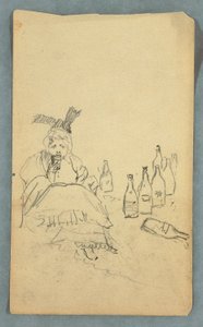 素描、酒を飲む女性、ワインボトル、レクト；マウント・カタディン登山のための買い物リスト、裏面、1878年秋？ 作： フレデリックエドウィン教会