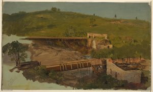 高架橋と台無しにされた工場のある丘、キャッツキル、ニューヨークの近く 作： Frederic Edwin Church