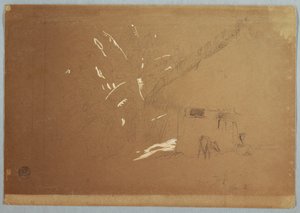 エクアドルのジョルジェ近くの家の前に座る女性と放牧されたロバ 作： Frederic Edwin Church