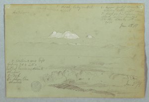 エクアドルのキトまたはその近くからのアルティサナ火山の眺め、山の尾根の上の曇り空 作： Frederic Edwin Church
