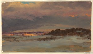 夕暮れ時の青い丘のある冬の風景、ハドソン、ニューヨーク 作： Frederic Edwin Church
