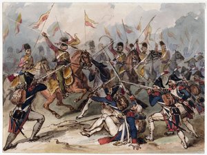 アウステルリッツで戦闘中のフランスの歩兵とロシアのハッサー - アウステルリッツで戦闘中のフランスの歩兵とロシアのハッサー - Goupil-Fesquet、Frederic (1817-1878) - 紙に水彩 - 21,2x28,6 - 個人蔵 作： Frédéric Goupil Fesquet
