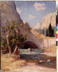 プロヴァンスのフォンテーヌ デュ ヴォクリューズ風景の眺め。 フレデリック・モンテナール (1849-1926) による絵画。 65x50,5 cm 必須の言及: マルセイユ、プロヴァンスのコレクション財団