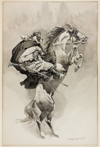 ハーパース・ニュー・マンスリー・マガジン誌『アラビアの昼と夜』の挿絵「彼らが動物を腰の上に投げ返したように」。 作： Frederic Remington