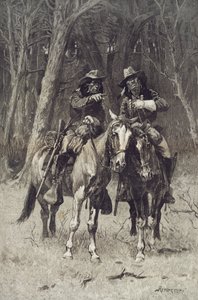 4月6日、オクラホマ州北カナダのビッグティンバーをパトロールするシャイアンスカウト 作： Frederic Remington