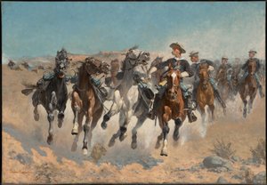 下馬：第4連隊の騎兵が手綱を引く馬を移動させる 作： フレデリック・レミントン