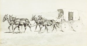 ウィリアムソンの舞台の1つ、1892年頃（紙にペンとブラシと黒のインクと中国の白） 作： Frederic Remington