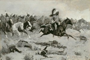 ラインを通過した赤いロッジを急いで、c。 1900年。 作： Frederic Remington