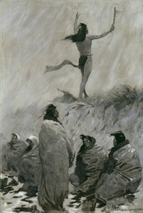 火を食べる人が腕をサンダーバードに上げた、1900年頃 作： Frederic Remington