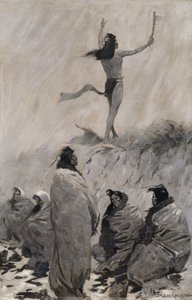 サンダーバードに腕を上げた火喰い人、c. 1900年。 作： Frederic Remington