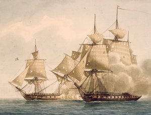 7 月 29 日、チェサピーク湾でのフランスのフリゲート艦アマゾンとイギリスのフリゲート艦サンタ マルゲリータの戦闘 作： Frederic Roux