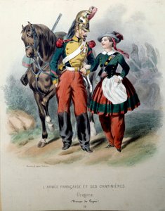 フランス軍とそのカンティニエール。ドラゴンとカンティニエール フレデリック・ソリュー(1807-?)によるリトグラフ 19世紀 パリ 装飾美術 作： Frederic Sorrieu