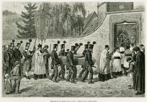 未成年者の埋葬。エドゥアール・シャルトン（1807-1890）が監督した1888年のツアー・デュ・モンドに参加したドイツ人代官シャルル・グラッドが1887年に行った「アルザスとロレーヌ地方を巡る旅」の物語を説明するためにリックスが描いた版画。 作： Frederic Theodore Lix