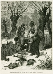 アヒルを網で捕まえる。エドゥアール・シャルトン（1807-1890）が監督した1888年のツアー・デュ・モンドに参加したドイツ人副官シャルル・グラッドが1887年に行った「アルザスとロレーヌ地方を巡る旅」の物語を説明するためにリックスが描いたものです。