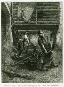 練炭製造の児童労働、バール。エドゥアール・シャルトン（1807-1890）が監督した1888年のツアー・デュ・モンドに参加したドイツ人代官シャルル・グラッドが1887年に行った「アルザスとロレーヌを通って」の物語を説明するためにリックスが描いたエングレーヴィング。