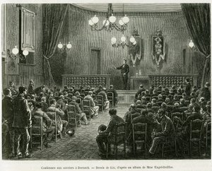 ドルナッハのドールファス・ミエッグ工房の労働者たちへの会議。1885年にドイツ人旅行者チャールズ・グラッドが書いた「アルザスとロレーヌを通って」という物語をリクスが描いたもの。 作： Frederic Theodore Lix