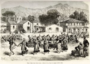 村の広場「ハギア・アンナ（聖アンナ）」でのフォークダンス。アンリ・ベルが1861年から1868年から1874年に行ったギリシャでの航海を説明するために描いたリクスの絵をもとにした版画（1876年、エドゥアール・シャルトン編集の「Le tour du monde」に掲載）。 作： Frederic Theodore Lix