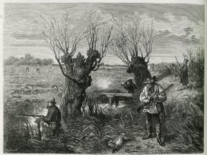 うさぎ狩り。チャールズグラッドによる1884年の「アルザスとロレーヌを介して」の物語を説明するためのF.Lixによる彫刻