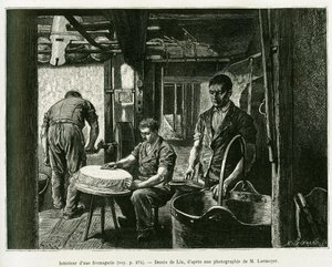 チーズ工場の内部。1885年にドイツ人旅行者シャルル・グラッドがアルザスとロレーヌ地方を旅行した際に、エドゥアール・シャルトン（1807-1890）の指揮の下、1887年のツアー・デュ・モンドに掲載された物語を説明するためにリックスが描いたもの。