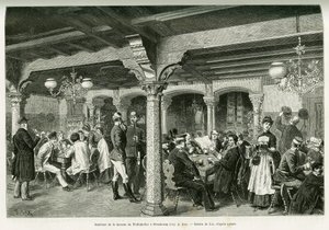 ストラスブールの酒場「ティーフェンケラー」の内部。エドゥアール・シャルトン（1807-1890）が監督した1888年のツアー・デュ・モンドに参加したドイツ人代官シャルル・グラッドが1887年に行った「アルザスとロレーヌを通って」の物語を説明するためにリックスが描いた版画。 作： Frederic Theodore Lix