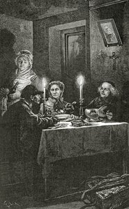 ジャンヴァルジャンは19世紀のビリエミリエルによって受け取られ、世話をされました（bw engraving）