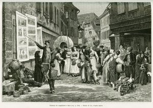 バールの街での嘆きの歌い手。エドゥアール・シャルトン（1807-1890）が監督した1888年のツアー・デュ・モンドに参加したドイツ人代官シャルル・グラッドが1887年に行った「アルザスとロレーヌを通って」の物語を説明するためにリックスが描いた版画。 作： Frederic Theodore Lix