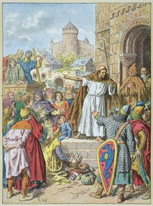1095年のクレルモン公会議で、民衆や騎士たちの前で十字軍を賞賛するピエール・エルミテ（エングレーヴィング 作： Frederic Theodore Lix