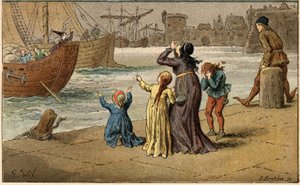 人気のある曲です。"A Nantes est arrive"。水夫に連れ去られた海を嘆く子供たち。"Chansons et rounds enfantines des provinces de la France "のフレデリック・セオドア・リックス（1830-1897）によるイラスト（詳細）。 作： Frederic Theodore Lix