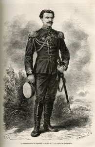 旅人であり語り部でもあるプリェヴァルスキー中佐の肖像、1870年から1873年にかけてのモンゴルとタングートの地への旅を説明するためにF.Lixが描いたドローイング、プリェヴァルスキー中佐によるもの。Le tour du monde』に掲載されたエングレーヴィング 作： Frederic Theodore Lix