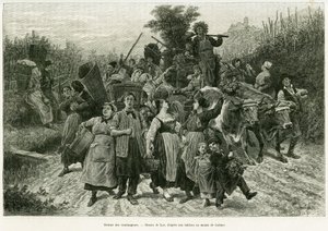 収穫の帰還。エドゥアール・シャルトン（1807-1890）が監督した1888年のツアー・デュ・モンドに参加したドイツ人副官シャルル・グラッドが1887年に行った「アルザスとロレーヌ地方を巡る旅」の物語を説明するためにリックスが描いたものです。 作： Frederic Theodore Lix