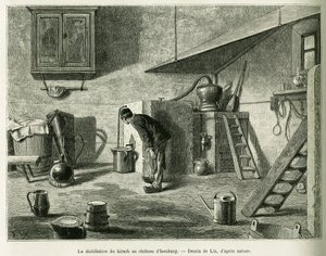 イセンブルク城でのキルシュの蒸溜。エドゥアール・シャルトン（1807-1890）が監督した1888年のツアー・デュ・モンドに参加したドイツ人代官シャルル・グラッドが1887年に行った「アルザスとロレーヌを通って」という物語を説明するために、リックスが描いたものです。