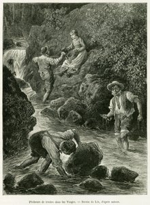 ヴォージュ地方の鱒漁師たち。1885年にドイツ人デピューターのシャルル・グラッドが書いた「アルザスとロレーヌを通って」という物語を説明するためにリックスが描いたもので、エドゥアール・シャルトン（1807-1890）の指揮の下、1887年のツアー・デュ・モンドに収録されています（アシェット、パリ）。 作： Frederic Theodore Lix