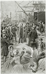 ヴィクトルユーゴーは、1852年8月1日、19世紀の亡命中の演説中に世界的な共和国を歓迎します（bw彫刻） 作： Frederic Theodore Lix