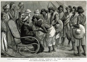 総統：1884年4月19日の「グラフィック」から、シェイクエルモルガニに敬意を表して優しい先住民（彫刻） 作： Frederic Villiers