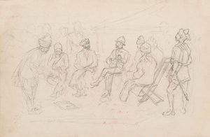 1879年2月にダッカで行われたカバニャーリとラルプラのカーンとの会談の様子（鉛筆 作： Frederic Villiers