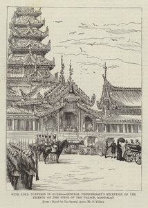 ビルマのダファリン卿とともに、プレンダーガスト将軍がマンダレー宮殿の階段で総督を迎えた 作： Frederic Villiers
