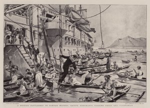 サモア海域のイギリス戦艦、先住民の商人が果物と野菜を取引