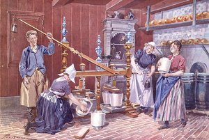 オランダのチーズ生産、1900年頃（カラーリトグラフ） 作： Frederic de Haenen