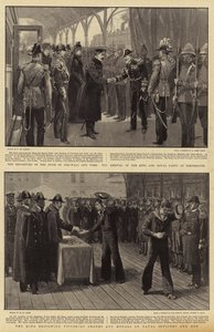コーンウォールとヨークの公爵の出発、ポーツマスでの王と王立党の到着、海軍の将校と兵士にビクトリア朝の命令とメダルを授ける王 作： Frederic de Haenen