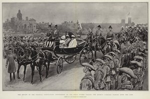 女王の馬車がラインを通過する馬番パレードでの植民地即位部隊のレビュー 作： Frederic de Haenen