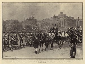 女王を過ぎた行進、馬警備隊パレードに関するインド派遣団のレビュー 作： Frederic de Haenen
