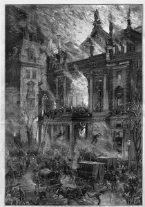 1881年12月5日、ウィーン（オーストリア）のオペラ「ウィーン・リングテアター」の火災。1881年12月24日付の "Le Monde Illustré "1291号に掲載されたDe Haenenのエングレーヴィング。