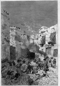 1881年7月、チュニジア。フランスの保護領であるチュニジアに対する住民の反乱により、フランス軍がスタックスの街を占領。海兵隊のライフル銃がカスバの麓にあるアラブ人の家を撃っている - 「The Illust」のDe Haenenによる版画 作： Frederic de Haenen