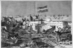 1881年7月、チュニジア。フランスの保護領チュニジアに対する住民の反乱を受けて、フランス軍がスタックスの街を占領した。海兵隊の小銃が円形の砲台を奪う。8月20日付の「イラストレーション・ワールド」1273号に掲載されたデ・ヘーネンの図版 作： Frederic de Haenen