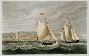 1846年に出版されたP.ロバーツ作の「The Isle of Wight Illustrated, in a Series of Coloured Views」よりRyde（アクアチント）。 作： Frederick (after) Calvert